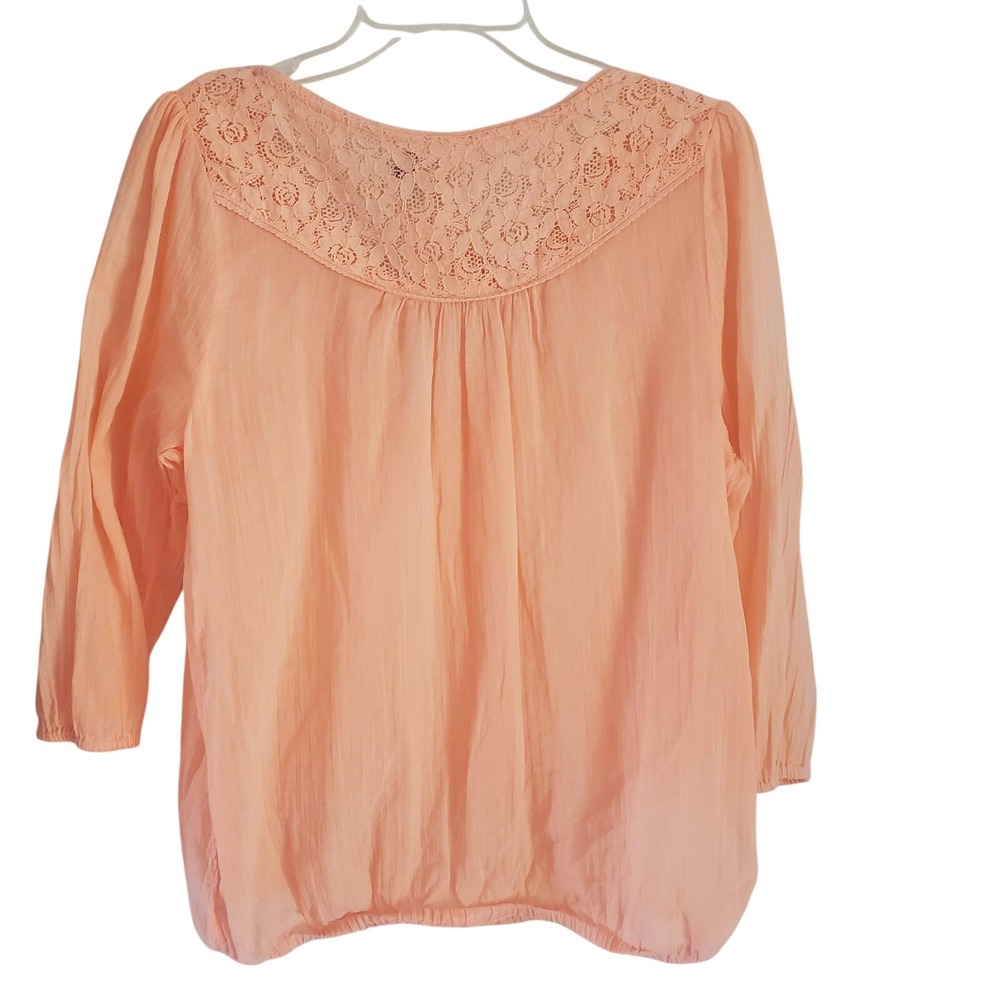 Mudd Blouse Womens Medium Peach Pink Lace Boho Peasant Top Long Sleeve Keyhole - Picture 6 of 7
